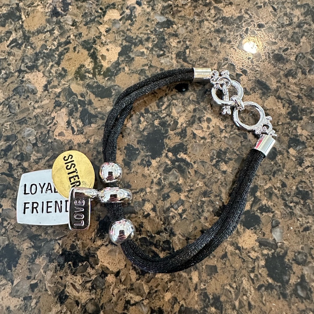Silver tone and Black Satin Sister, Loyalty and Love Bracelet